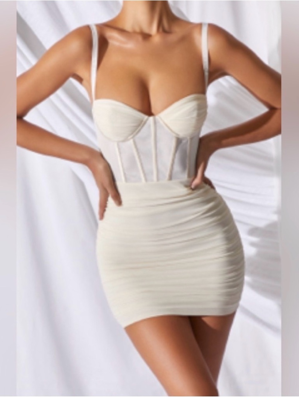 Oh Polly Ruched Mesh Corset Mini Dress in Ivory, size US 2